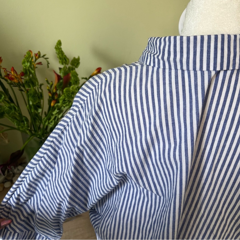 Blue & White Stripe Button Down Drop Shoulder Gauzy Airy Flowy Beach Midi Dress - Picture 7 of 15